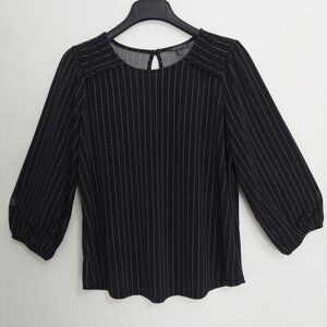 Adrianna Papell Blouse Medium Black White Pinstripe Smocked Shoulder 3/4 Sleeve